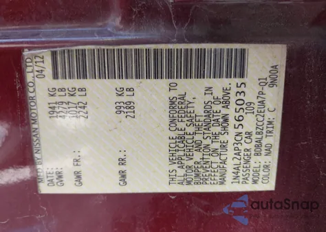 2012 Nissan Altima 2.5 S from USA, damaged, VIN 1N4AL2AP3CN565035